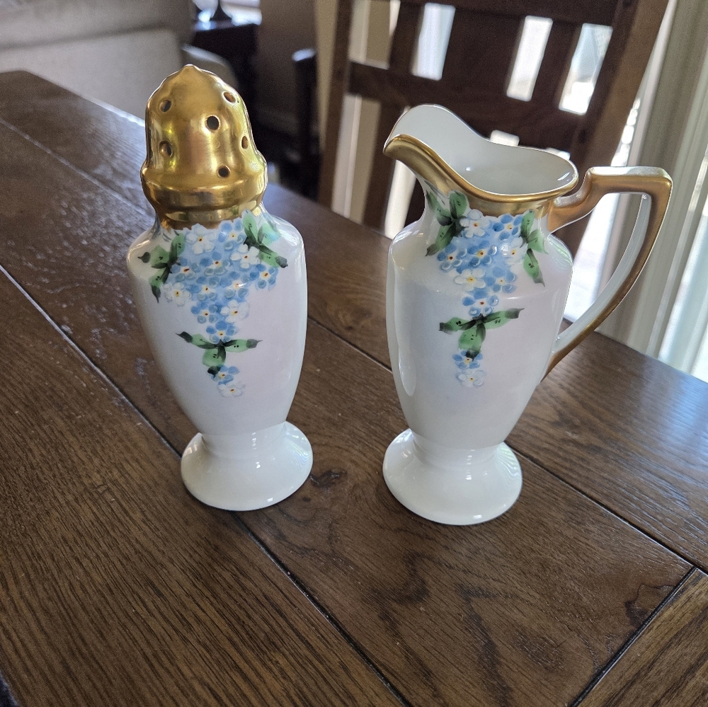 Vintage Hand Painted Shaker/ Pitcher Blue Flowers Gold Trim On White Porcelain